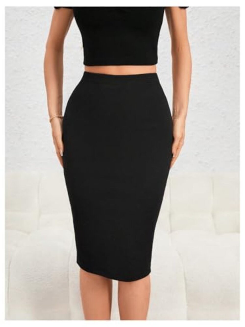 High Waisted Bodycon Pencil Midi Skirt Zip Up Back Stretchy Skinny - Picture 3 of 5
